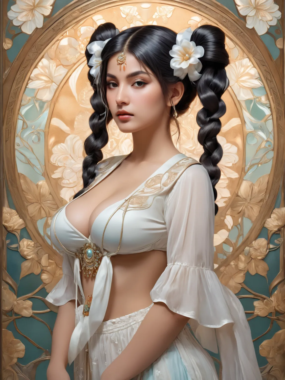 Full body artwork, Art Nouveau Style Beautiful Indian Woman with Long Hair, double bun, white ribbons, (twin tails:1.4), Shaped as Flowers in the Style of Alphonse Mucha, portrait of a beautiful cute, very beautiful, standing artistically woman, cleavage, ...