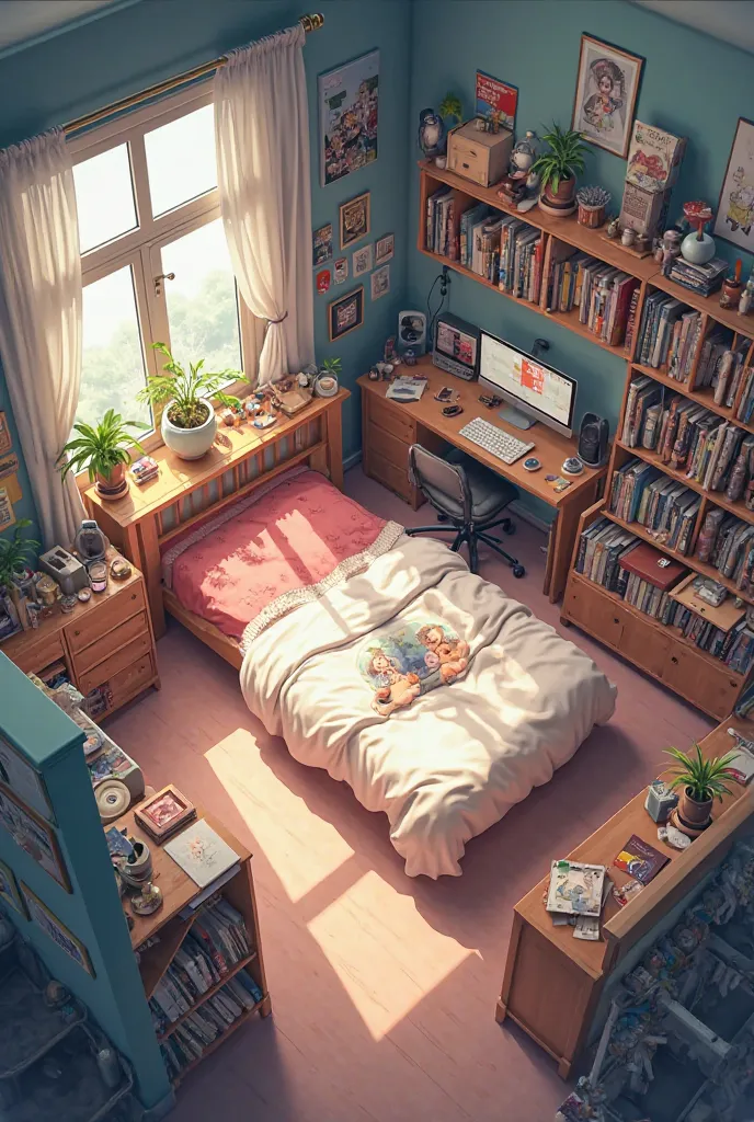 Top to bottom view of a only anime bedroom 