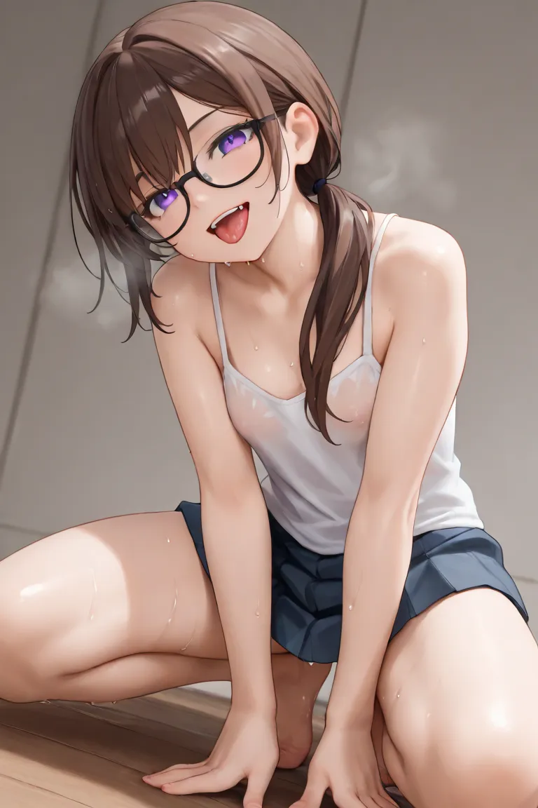 top quality, masterpiece, beauties, white camisole, gray miniskirt, sweaty and wet camisole, long hair, purple eyes, brown hair color:2.0, black rimmed glasses,  double teeth:2.0, stick out your tongue,  small tits, bare feet,  Ashikiri, lean forward, squa...