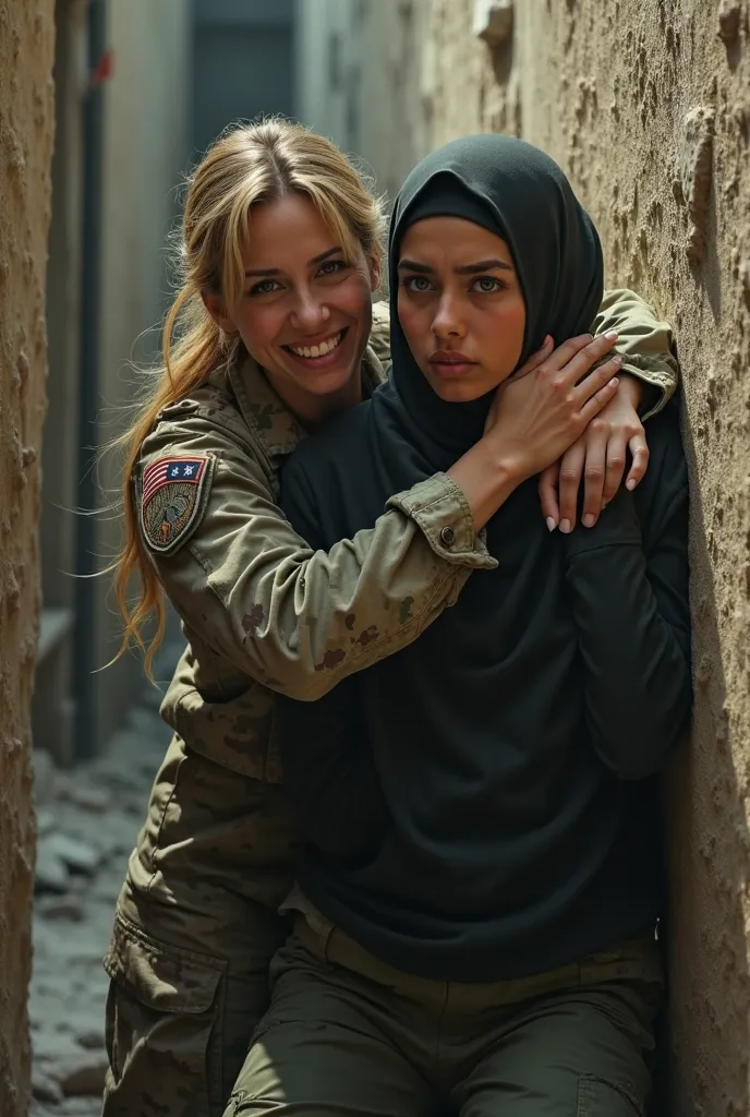 In an alley way, a blonde American female soldier is pinning an Arabian woman wearing hijab to the wall and force kissing her, the American is smug and grinning, but the Arabian is shocked and angry