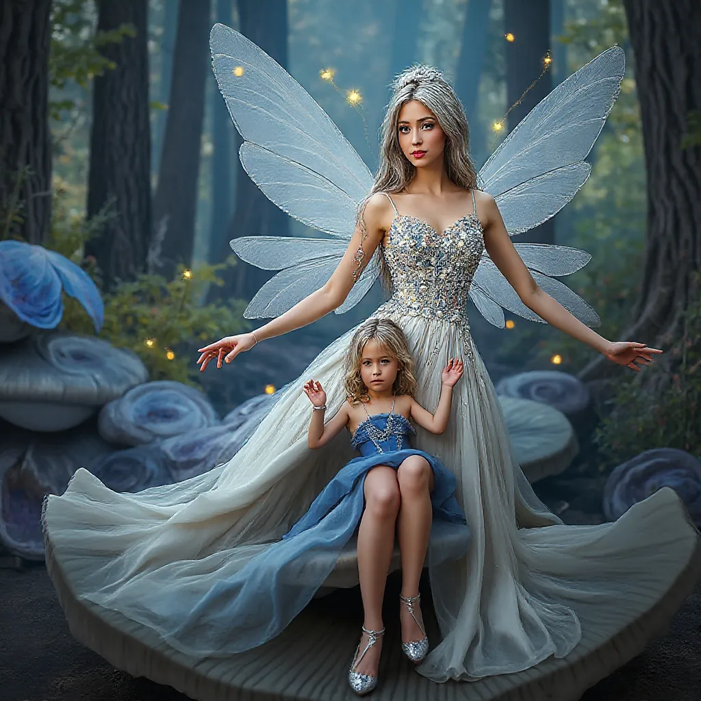 The adult fairy and the small fairy now sit together on a giant mushroom in the enchanted forest. The older fairy’s silver hair glistens under the soft light, and her white-gray dress flows elegantly around her. The small fairy, in her blue gown, swings he...