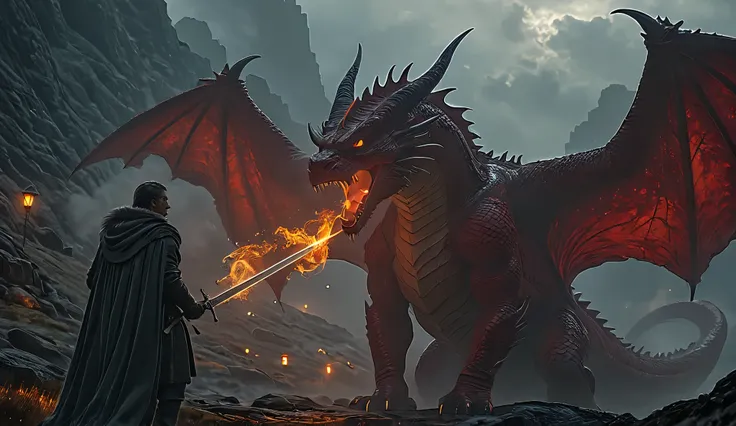 a (man) with a fur cloak fighting a scary ((red dragon)) with a sword, ultra realistica highly detailed, photorealistic, hyper-realistic, 8K, HDR portrait of a man with a thick fur cloak, intense gaze, weathered face, sword in hand, battling a terrifying, ...