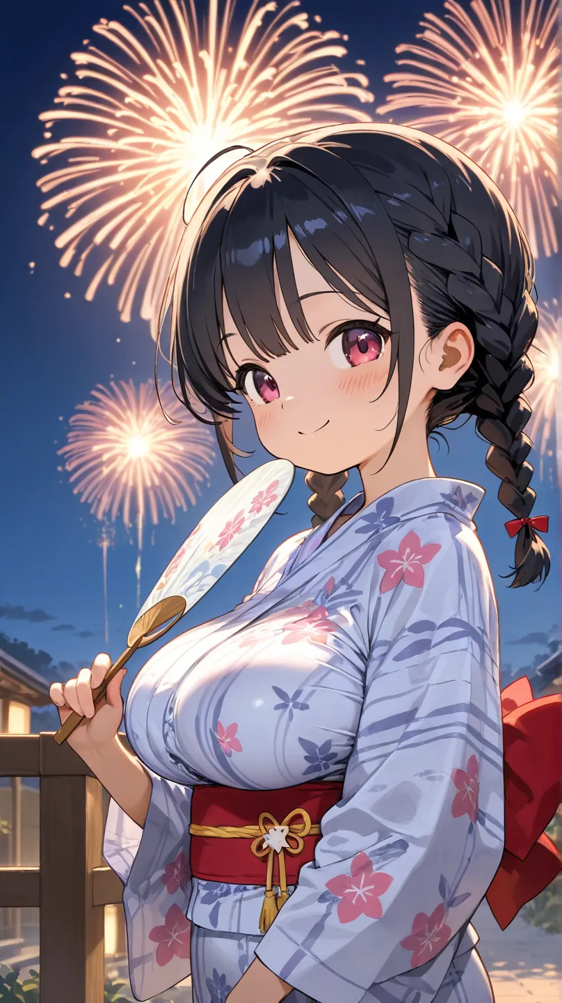 loli　massive breasts　black hair short braid　petites　 Smile　yukata　Holding a fan　night　 Fireworks　outdoor　bras