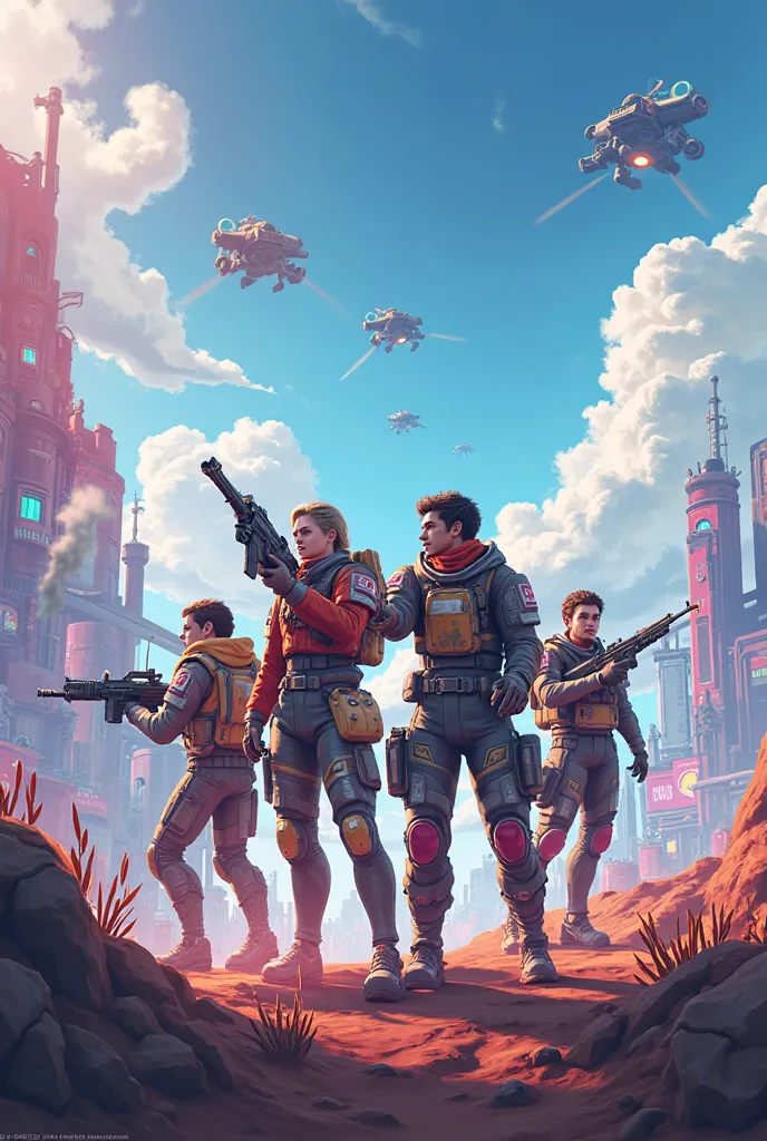 Create a game-style image "Apex Legends". The background should represent a bright and futuristic landscape, font} including high-tech elements, such as neon lights, flying vehicles and various structures, that create a sense of living.


In the foreground...