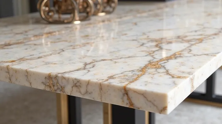 Taj Mahal Quartzite Table

A rectangular table with a Taj Mahal quartzite slab, characterized by its creamy white background and faint veins in shades of gold and greyish brown that run through the surface with a natural and fluid pattern.

The texture of ...