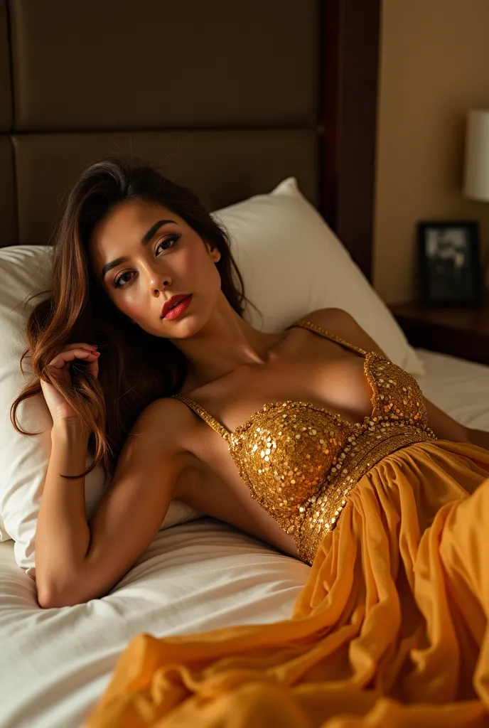 A woman is lying on her back on the hotel room bed wearing a golden dress. Her chest is very sexy and her hair is raised on the bed and filmed in a very interesting position for his lover