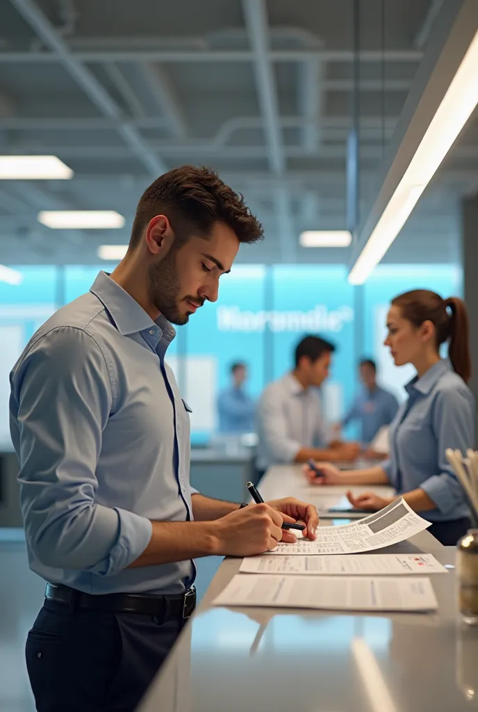 In front of the bright bank counter ，A YOUNG MAN WRITING A DATASHEET，Listening to the explanation of the counter staff，Professional ambience around，Super realistic