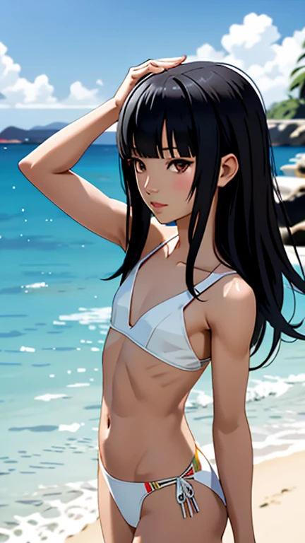 Aoi Ichigo,
Asian japanese girl,
 blunt bangs, long black hair, hime cut, big dark eyes, 
Sculpted abs, very thin, 
realistic textures, realistic style, SCORE_9, SCORE_8_UP, SCORE_7_UP, SCORE_6_UP, SCORE_5_UP, SCORE_4_UP, tightgap focus,
beach background,f...