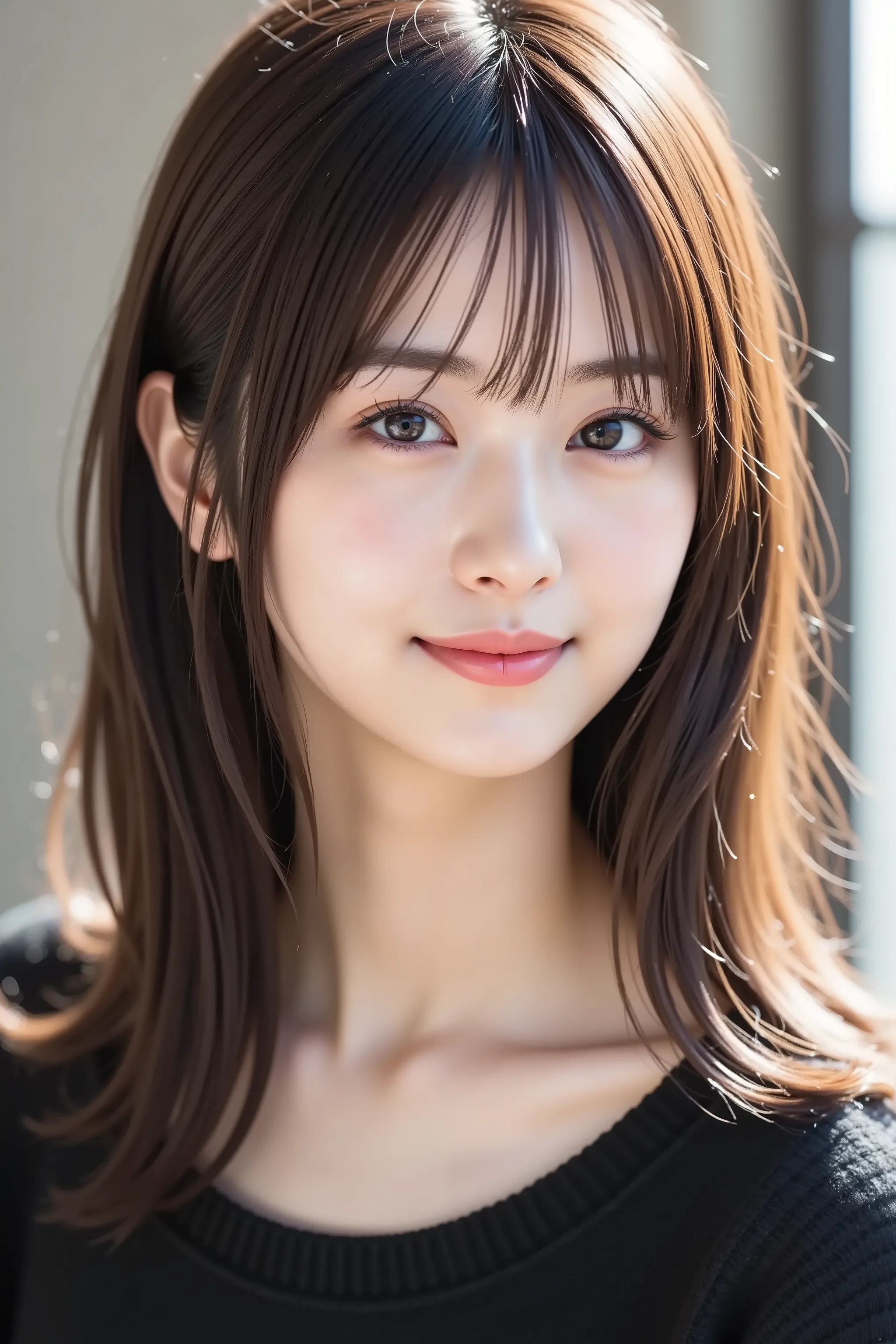 The face is positioned exactly in the center of the image , , the entire head is fully reflected , Face clearly visible、 black sweater, car, long hair、bungs, smile, young and cute japanese face , Official Art, high image quality during sick leave CG Unity ...