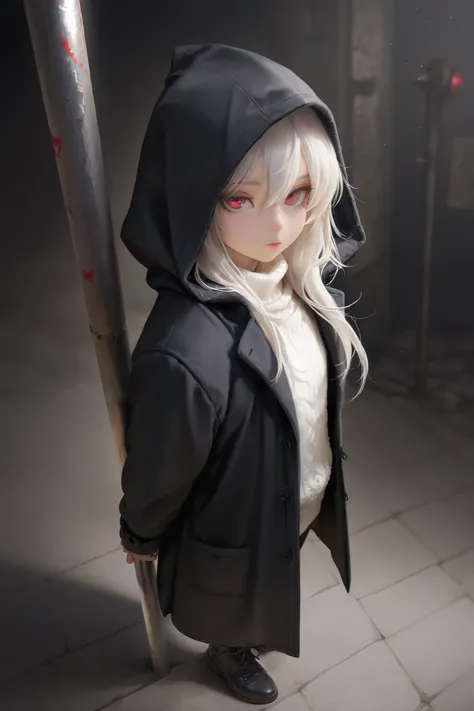 masterpiece, best quality, detailed eyes, semi realistic, 8k, girl, cute, small, pure, oversized black hood coat, black jean, white sweater, emotionless face, short long white gray hair, red eye, midnight city, solo character. looking at viewer, wearing ho...