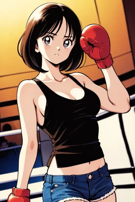 (((bare hands, medium breast, cowboy shot, above a boxing ring 、slender body、 short hair, black tank top, denim shorts)))、(( pencil drawing))、(( manga ))、(masterpiece、top quality)、best quality, masterpiece, 超A high resolution, (realistic:1.4), ((masterpiec...