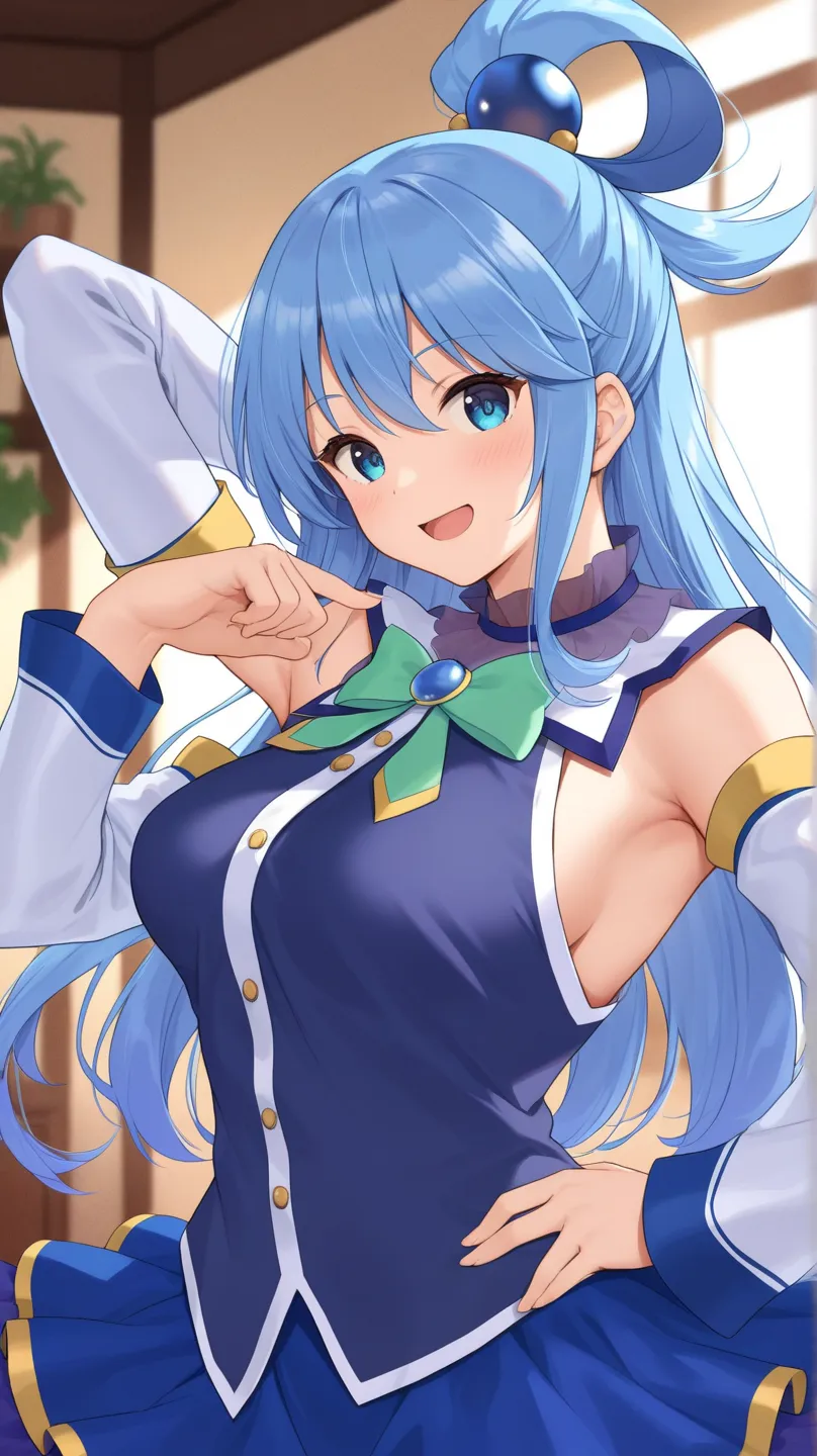 aqua (konosuba) blue eyes, blue dress, blue skirt, turquoise ribbon, sleeveless, White long sleeves,
