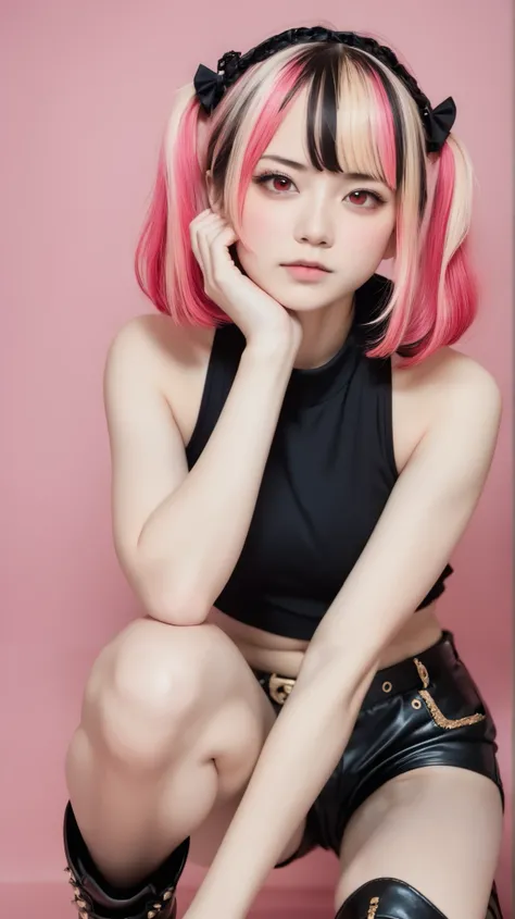 RAW photos from the last century in the bath at night 、realistic、best quality、masterpiece、pink background . Black and white, Golden Striped Hair , super cute girl, red eyes. squats, Gothic Tee , Gothic Shorts , black boots, tsundere s...