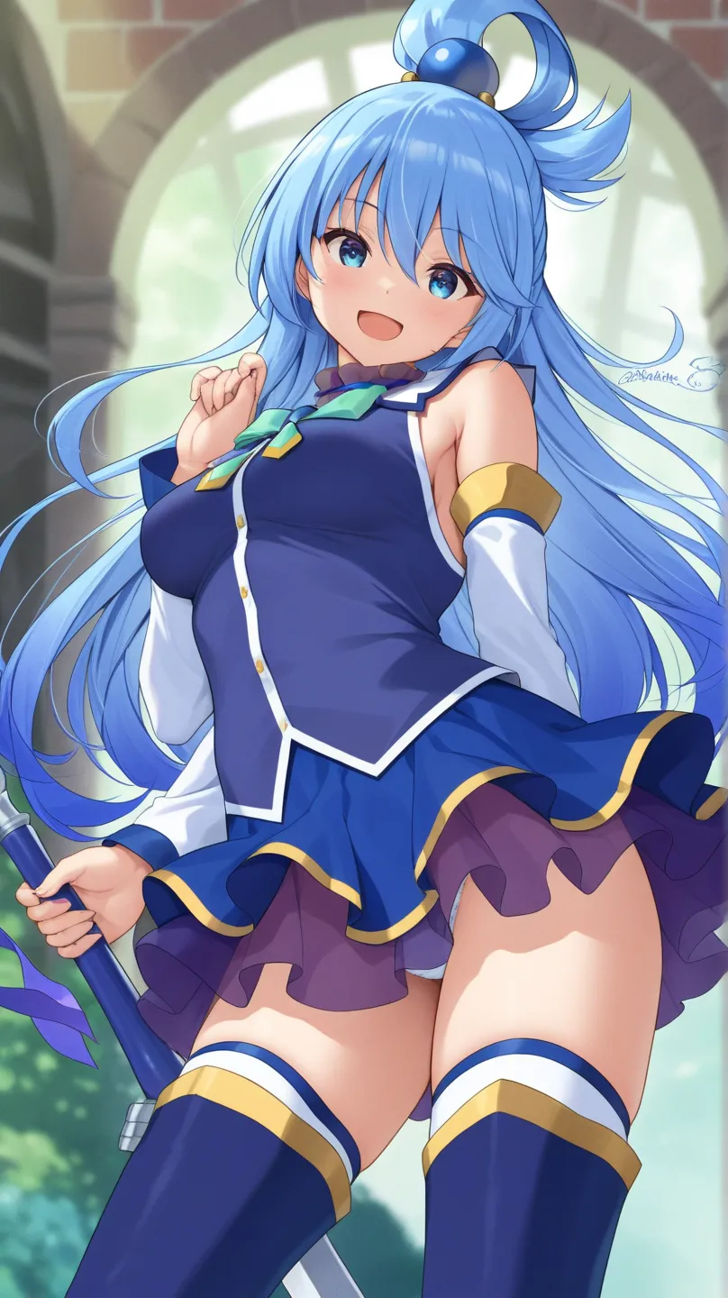 aqua (konosuba) blue eyes, blue dress, blue skirt, turquoise ribbon, sleeveless, White long sleeves,
