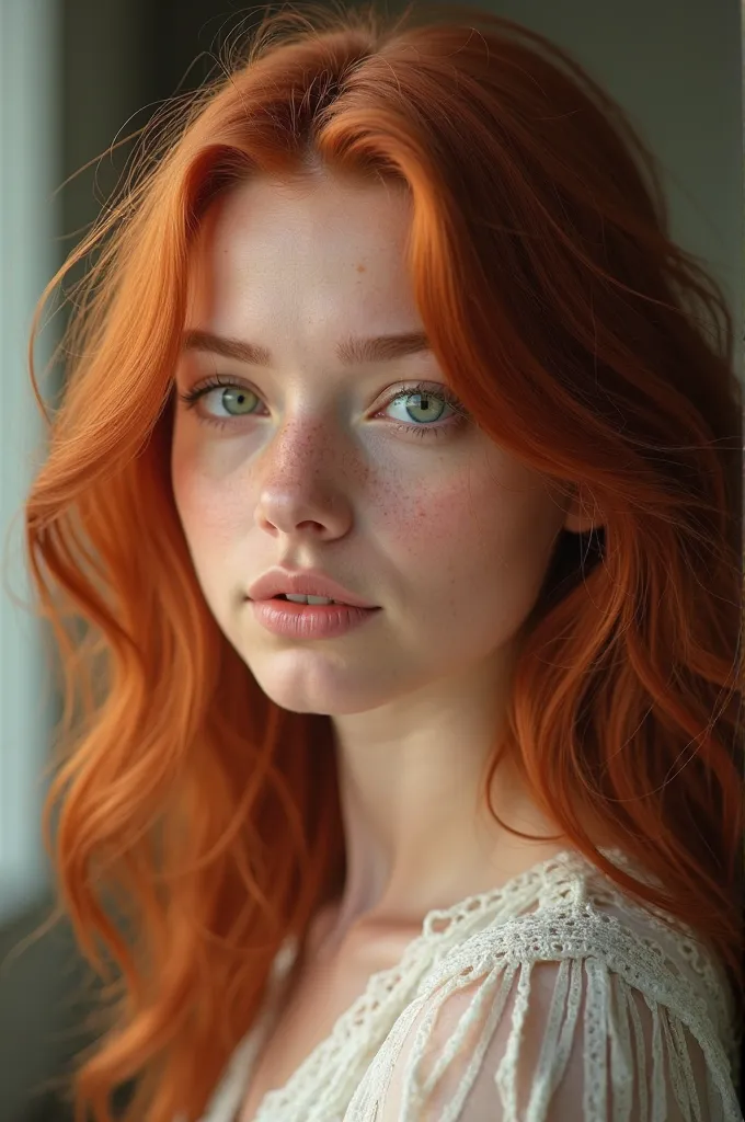 21 year old beautiful red-haired woman with green eyes