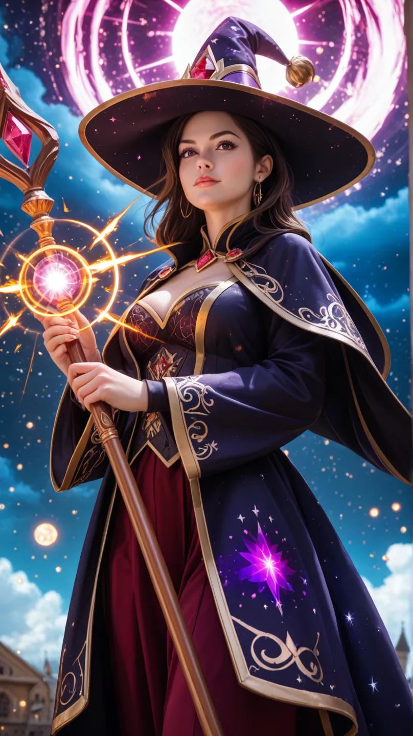 A highly detailed, ultra-realistic depiction of a young female mage standing in a dramatic pose, wielding a long magical staff with a glowing orb at its tip. She wears a large, wide-brimmed wizard hat adorned with golden emblems, and a red and black sorcer...