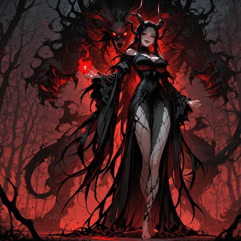 a woman with horns on her head. She's grinning eerily, baring her sharp fangs. She has a mature physique, big breasts and long legs. She is wearing a tattered black dress with black threads hanging down. She has long straight black goat horns on her head....