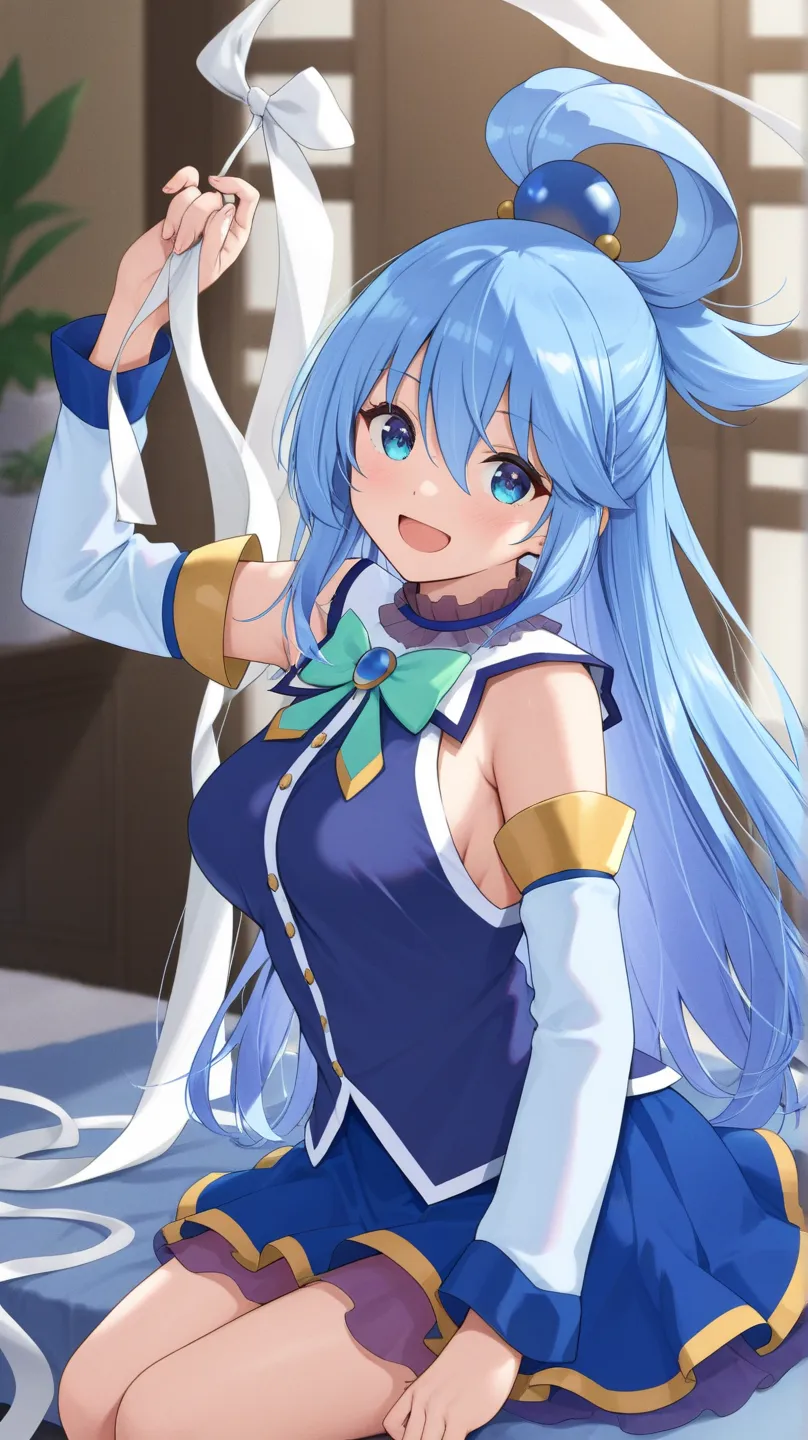 aqua (konosuba) blue eyes, blue dress, blue skirt, turquoise ribbon, sleeveless, White long sleeves,
