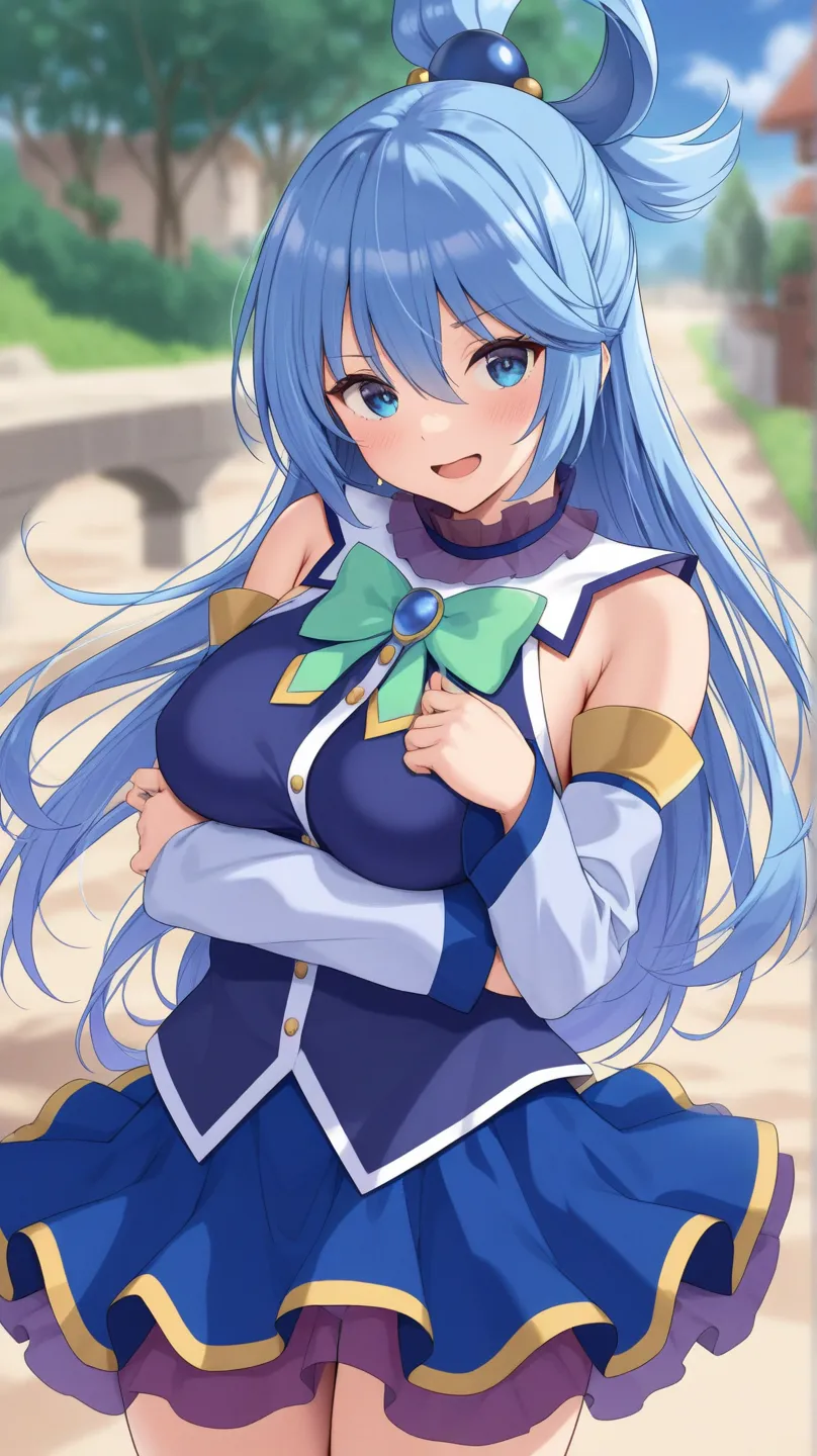 aqua (konosuba) blue eyes, blue dress, blue skirt, turquoise ribbon, sleeveless, White long sleeves,
