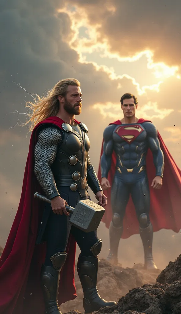 Create an ultra realistic image of Thor next to Superman,  in an epic and dramatic setting . Thor is wearing his classic Asgardian warrior costume, holding the Mjölnir hammer with sparks of electricity coming out of it. His blond hair is flowing, and his r...