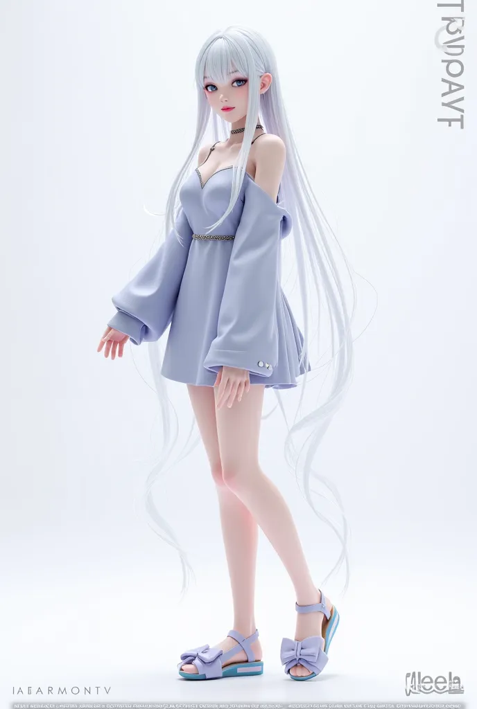 Create an image of a well-designed VTuber like Vtuber Iron Mouse, a base like hers but with long straight white hair that hits the floor and a half-tight half-open dress