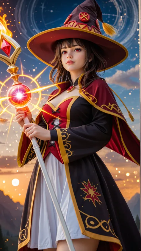 A highly detailed, ultra-realistic portrait of Megumin from Konosuba, depicted in her iconic sorceress outfit. She has deep crimson eyes with a piercing glow, capturing her signature intense and determined expression. Her left eye is covered by a highly de...