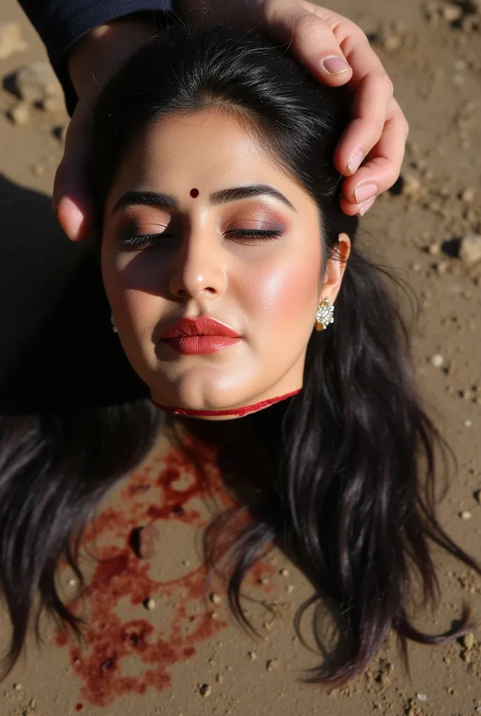 Beautiful chubby Actress's decapitated head after beheading being picked up above the ground by hair by a man in Afghanistan. Dark blood Traces beneath the Head. Severed head has dark and long lower pony tail hair style, bindi on forehead precisely between...