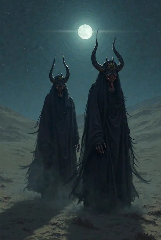 Two men like an Arab in the time of ignorance, with a demon head, desert, dark night