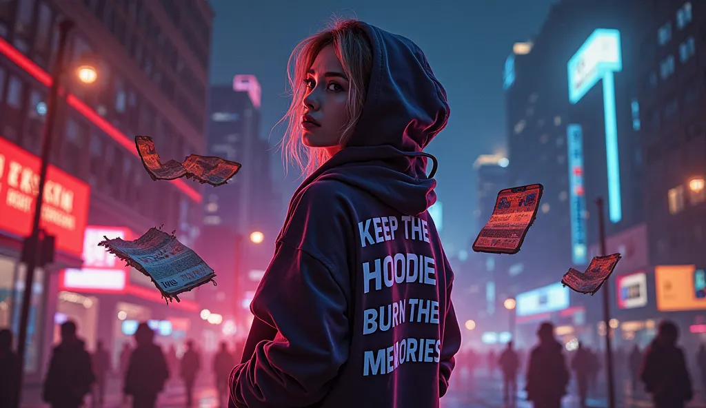 An edgy and bold music album cover reflecting themes of betrayal, heartbreak, and moving on with attitude. The main focus is a confident young woman standing in front of a neon-lit cityscape at night, wearing a hoodie with the words 'Keep the Hoodie, Burn ...