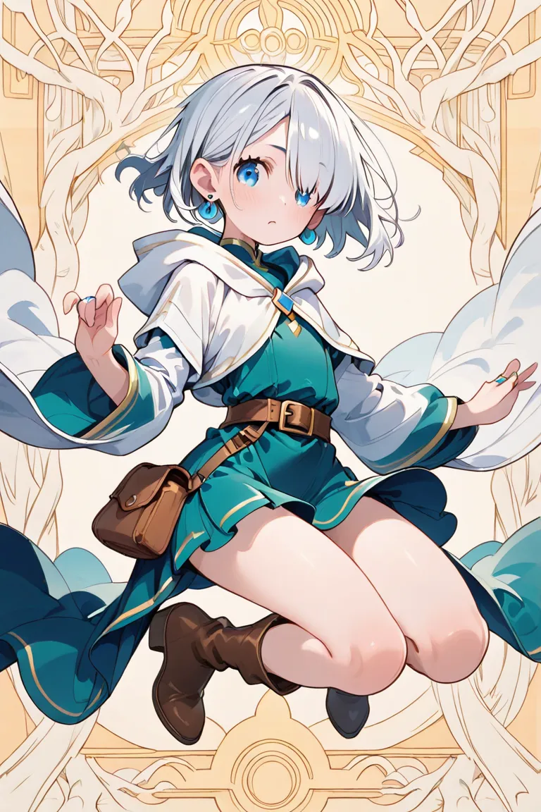  female wizard 　Race Elves　The hairstyle is a short silver bob　 blue eye　 zitoida　Ear length 　Modest chest　white matte long robe　miniskirt　boots　Wear a hood　small earrings for the ears as an accessory、ring（Large）、Slightly loose waist belt　Small pouch 　back...