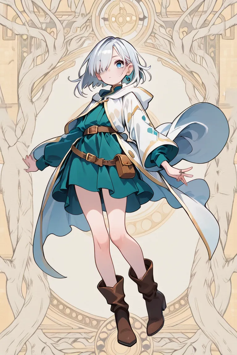  female wizard 　Race Elves　The hairstyle is a short silver bob　 blue eye　 zitoida　Ear length 　Modest chest　white matte long robe　miniskirt　boots　Wear a hood　small earrings for the ears as an accessory、ring（Large）、Slightly loose waist belt　Small pouch 　back...