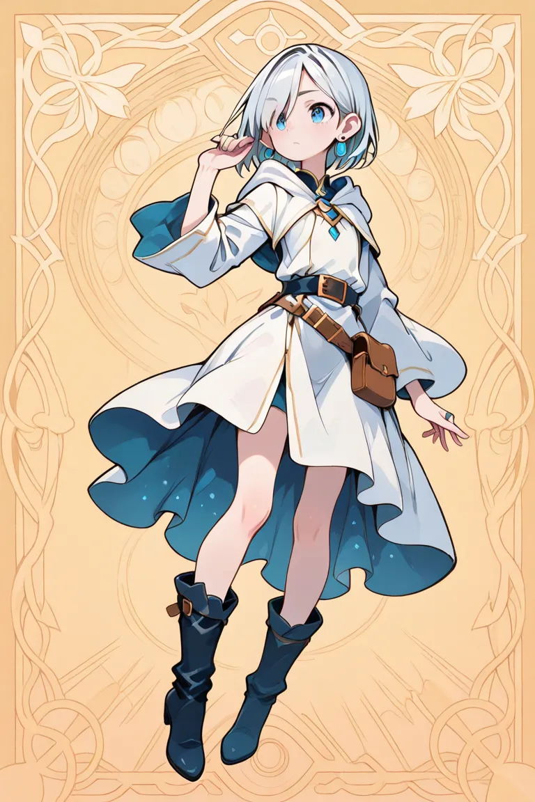  female wizard 　Race Elves　The hairstyle is a short silver bob　 blue eye　 zitoida　Ear length 　Modest chest　white matte long robe　miniskirt　boots　Wear a hood　small earrings for the ears as an accessory、ring（Large）、Slightly loose waist belt　Small pouch 　back...