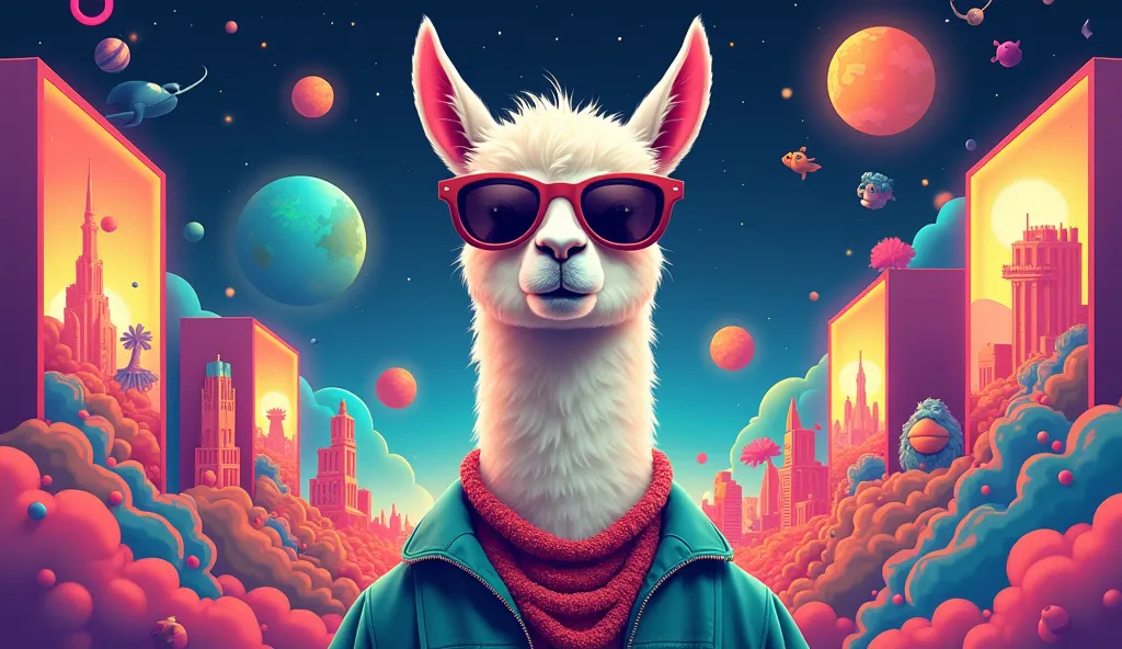 "A whimsical illustration of multiple universes, each with different realities and characters, including a llama influencer in sunglasses, showcasing creativity and humor."