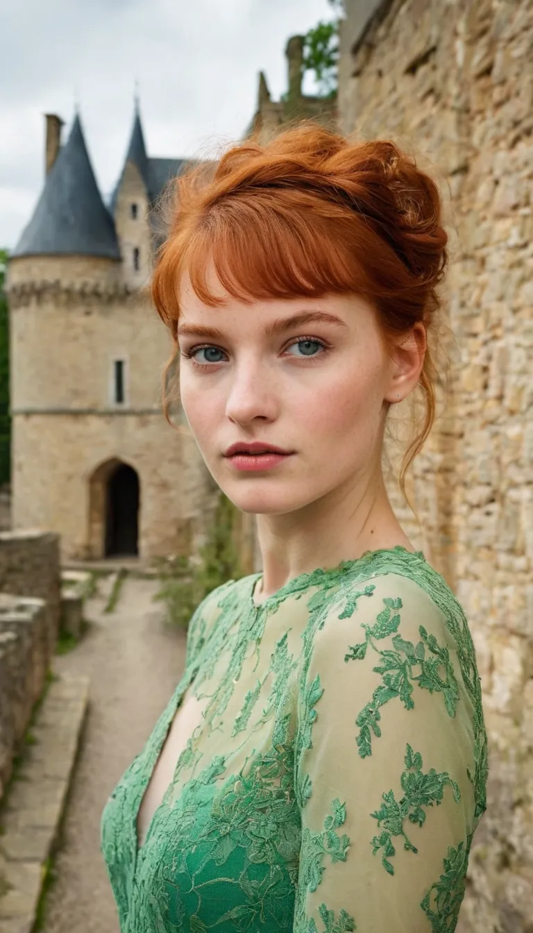 Une photographie extrêmement détaillée d'une gracieuse fille rousse de 32a, les cheveux très courts comme un garçon, avec des taches de rousseur, ses yeux sont verts, une dispersion de taches de rousseur sur ;un beau visage, avec des traits pointus. Elle p...