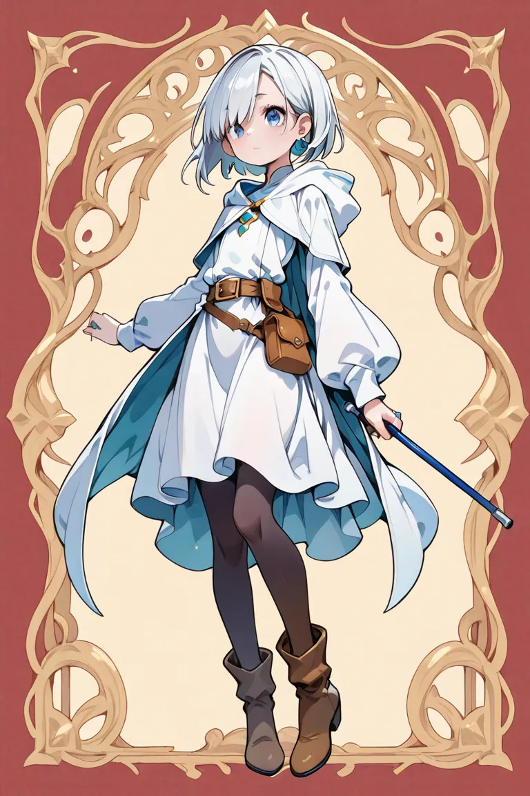  female wizard 　Race Elves　The hairstyle is a short silver bob　 blue eye　 zitoida　Ear length 　Modest chest　white matte long robe　miniskirt　boots　Wear a hood　small earrings for ears as an accessory、ring（Large）、Slightly loose waist belt　Small pouch 　Cane equ...