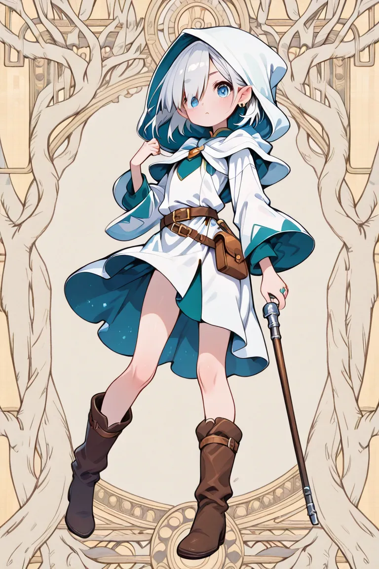  female wizard 　Race Elves　The hairstyle is a short silver bob　 blue eye　 zitoida　Ear length 　Modest chest　white matte long robe　miniskirt　boots　Wear a hood　small earrings for ears as an accessory、ring（Large）、Slightly loose waist belt　Small pouch 　Cane equ...