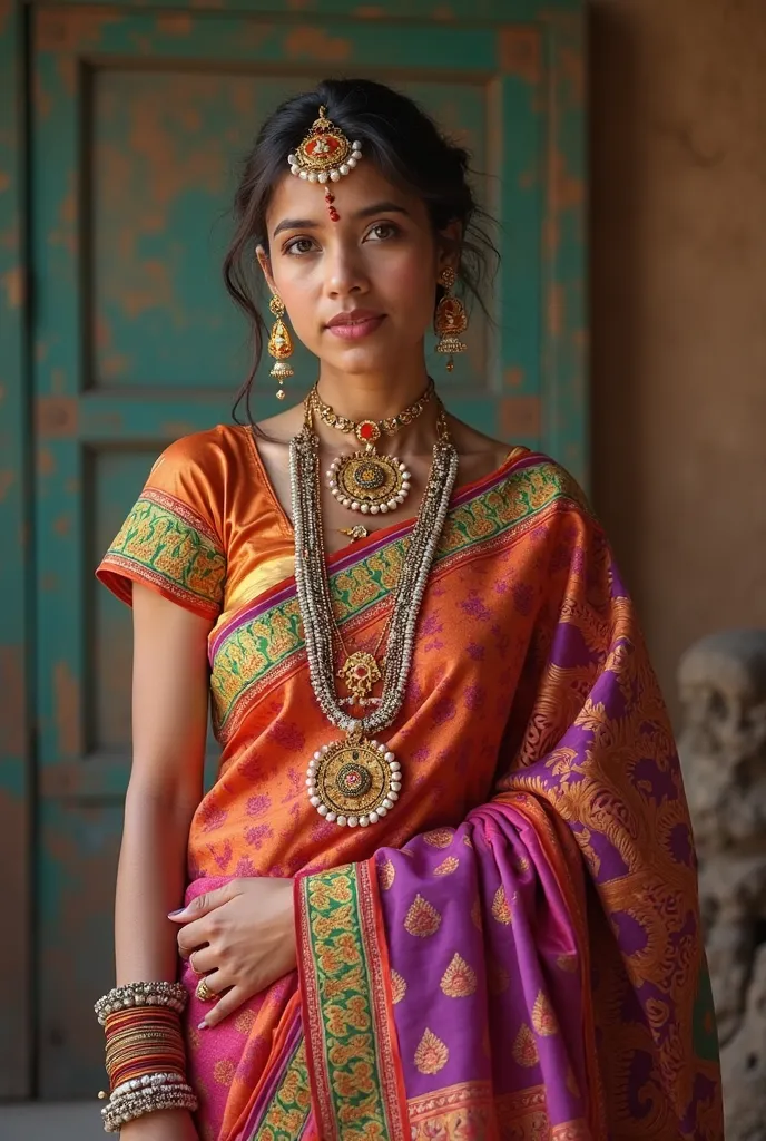 araffe woman in a colorful sari posing for a picture, dressed in a sari, dressed in colorful silk, taken in the early 2020s, taken in the late 2010s, indian empress, wearing a sari, india, inspired by Gina Pellón, sari, 30 years old, 3 0 years old, brightl...