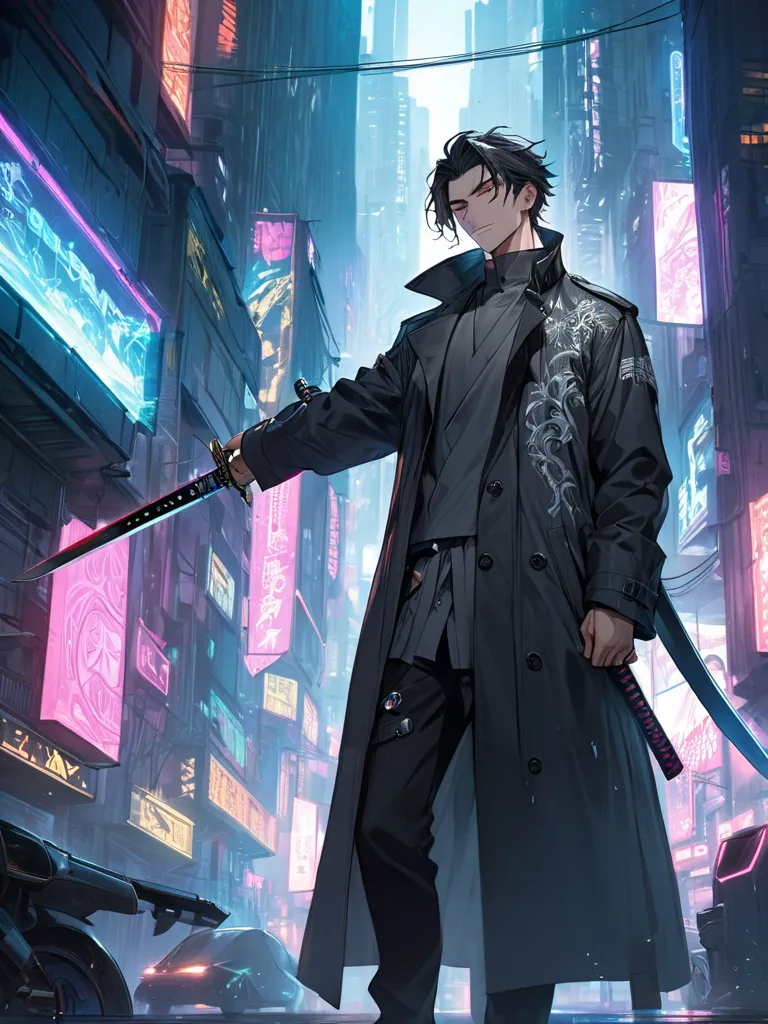 A tall, lean young man in his mid-20s with sharp, piercing eyes and a confident smirk. He wears a dark, intricately designed trench coat with silver embroidery, slightly billowing in the wind. His jet-black hair is slightly messy, with a few strands fallin...