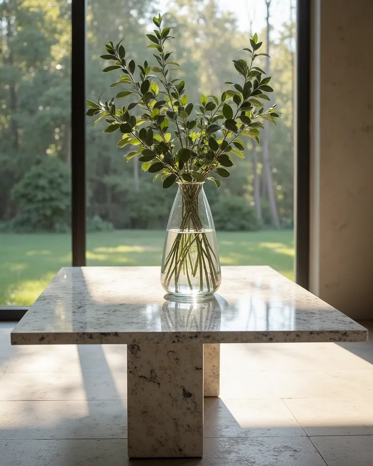 Cinematic frame of a Cristallo del Mar table in a cool environment
A Cristallo del Mar quartzite table occupies the center of a minimalist and bright space. About her, a glass vase with eucalyptus branches reflects light, casting soft shadows on the stone....