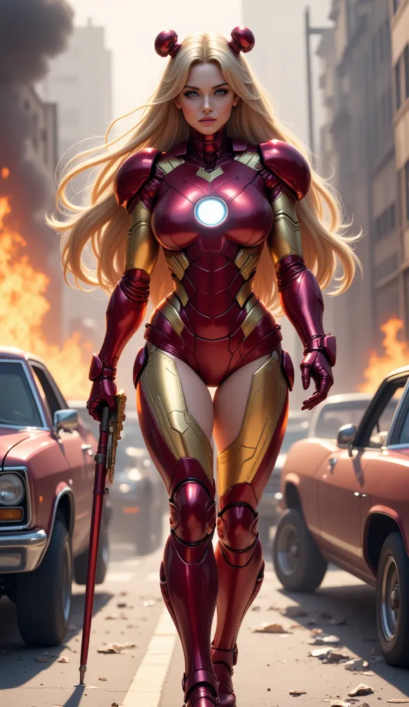 A realistic and cinematic image. Curvy body, big breast, big ass. A fusion superhero combining Sailor Moon's Usagi Tsukino and Iron Man. The face remains that of Sailor Moon's Usagi Tsukino, with long blonde pigtails. The costume is a blend of Iron Man's a...