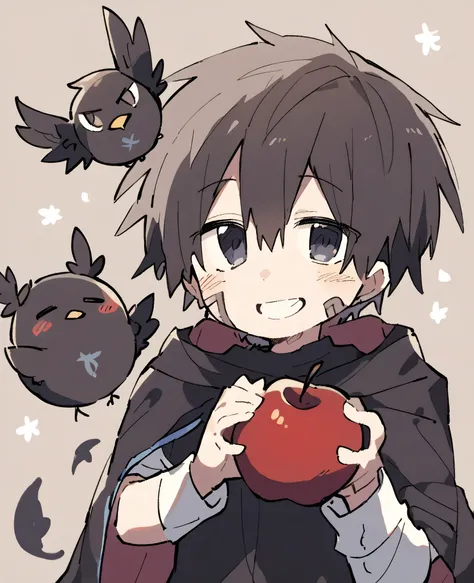 A Shota CUT boy holding an apple and smiling in wizard clothes with his flying crow on his shoulder