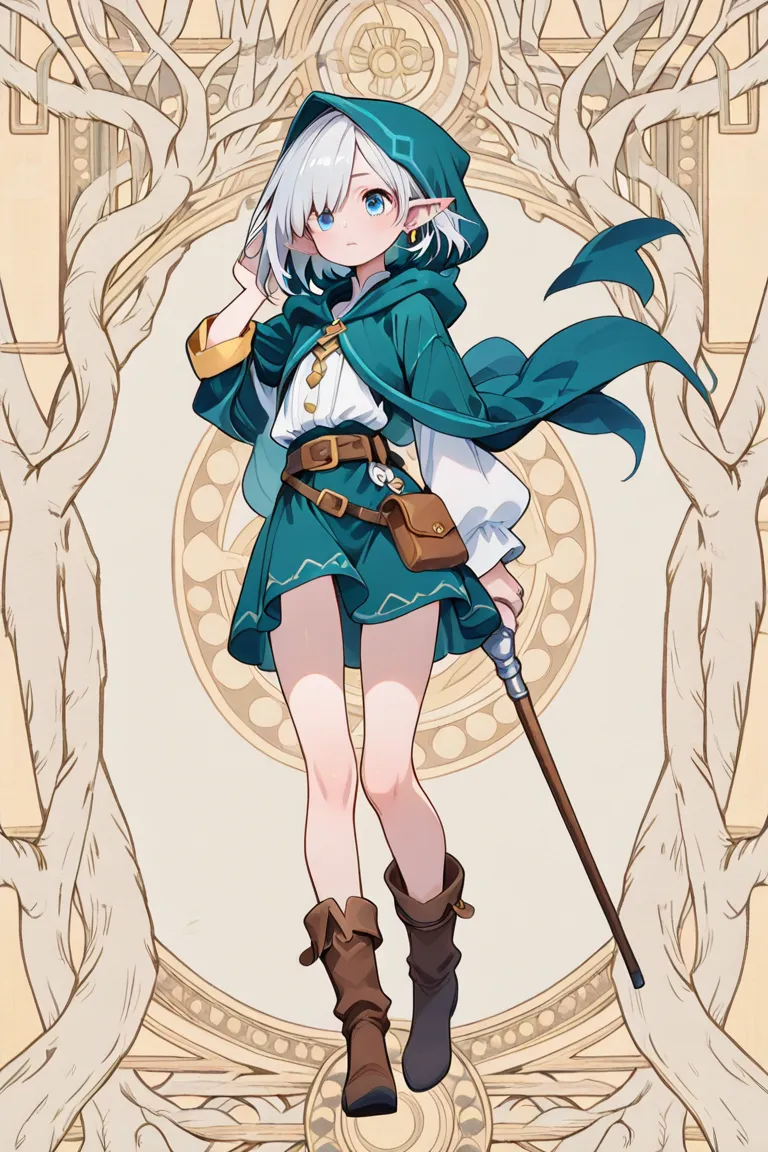  female wizard 　Race Elves　The hairstyle is a short silver bob　 blue eye　 zitoida　Ear length 　Modest chest　white matte long robe　miniskirt　boots　Wear a hood　small earrings for ears as an accessory、ring（Large）、Slightly loose waist belt　Small pouch 　Cane equ...