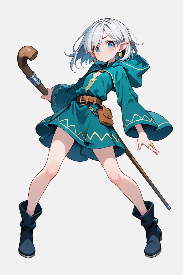  female wizard 　Race Elves　The hairstyle is a short silver bob　 blue eye　 zitoida　Ear length 　Modest chest　white matte long robe　miniskirt　boots　Wear a hood　small earrings for ears as an accessory、ring（Large）、Slightly loose waist belt　Small pouch 　Cane equ...