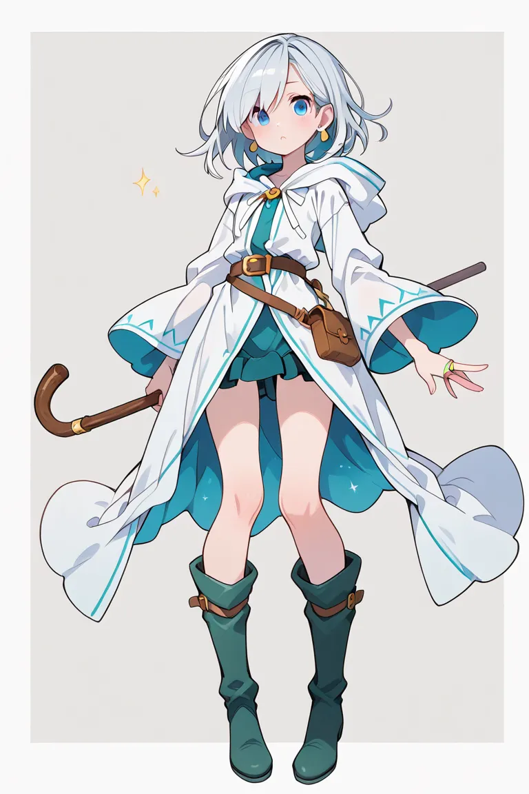  female wizard 　Race Elves　The hairstyle is a short silver bob　 blue eye　 zitoida　Ear length 　Modest chest　white matte long robe　miniskirt　boots　Wear a hood　small earrings for ears as an accessory、ring（Large）、Slightly loose waist belt　Small pouch 　Cane equ...