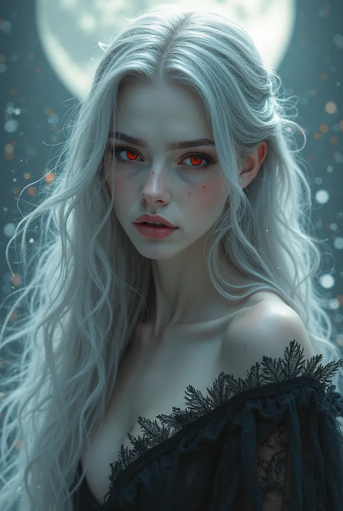 If silver hair that shines under the moonlight, Her red eyes Scarla Rojo, skin as white as porcelain. Make it very attractive 