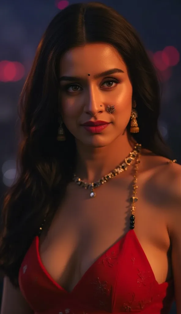 in a dimly light setting A naughty and curvaceous light fair_skinned Shraddha  in traditional attire, wearing a deep red messed up hijab, no blouse piece, bare breast and intricate jewelry glass green bangles and the lady's wearing a thin and long necklace...