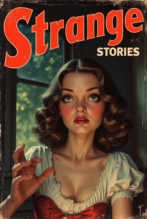 Cover mystery magazine full length girl, Cute face full length , Girl poses for horror magazine cover "Strange Stories" , Magazine Era 1933, high quality,