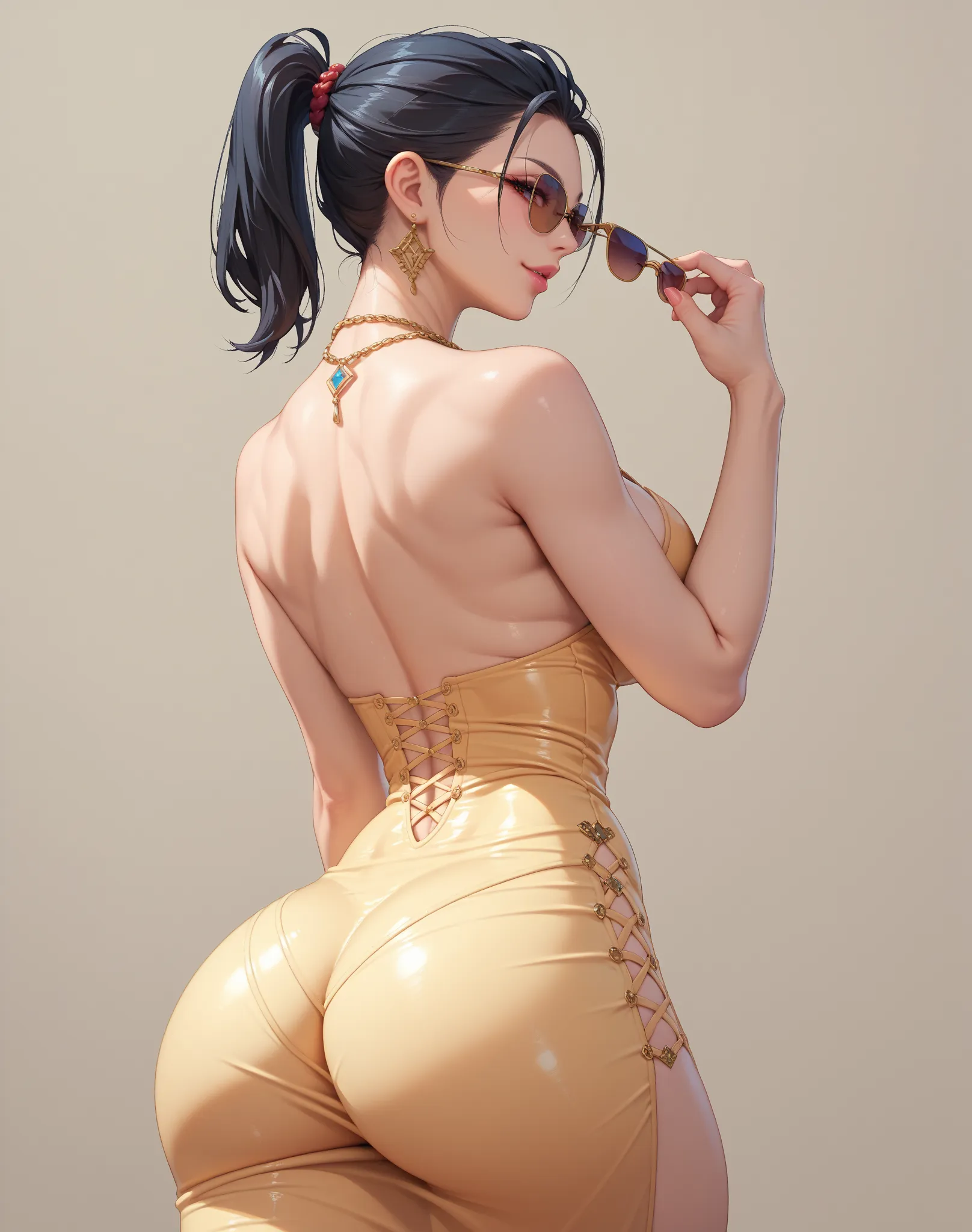 The model, with big hips and buttocks, has a good figure, black hair tied in a ponytail. She wears a tight bubble dress that is so thin that her beautiful proportions are visible, she wears sunglasses and a necklace. 