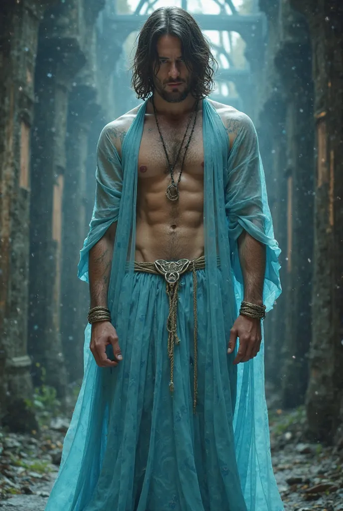 Generate a man with abs wearing a beautiful fantasy dress pale blue, which is transparent, his hands are  shackles and have ropes on his boy, he is held in a prison. His hair a shoulder length. He is a siren a magical creature.

