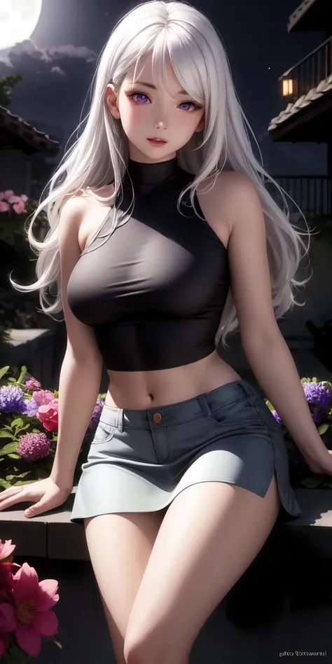 realistic, 1 girl, white hair, purple eyes, shining eyes, crop top with black jacket, Skirt, parted lips, ,  night , flower,  moon,  moonlight,